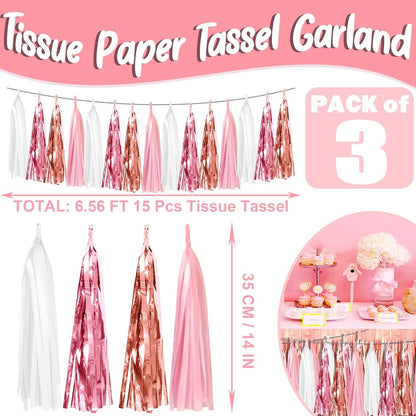 3P Pink White Peach Rose Gold Tassels Foil Fringe Metallic Garland Banner, Tassels Banner Streamers
