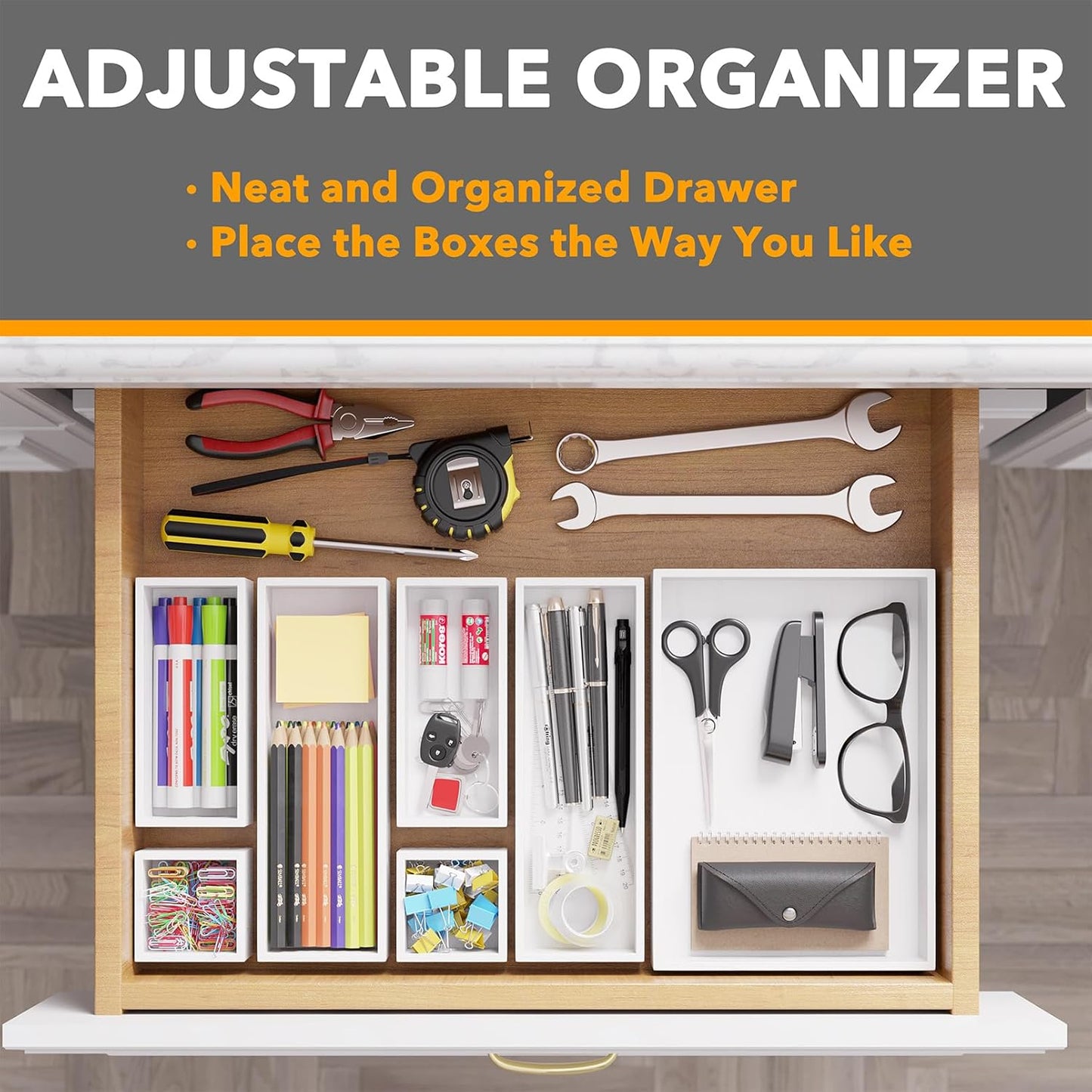 SpaceAid 7-Piece Bamboo Drawer Organizer Storage Boxes Set, Wood Tray Junk Drawer Organizers