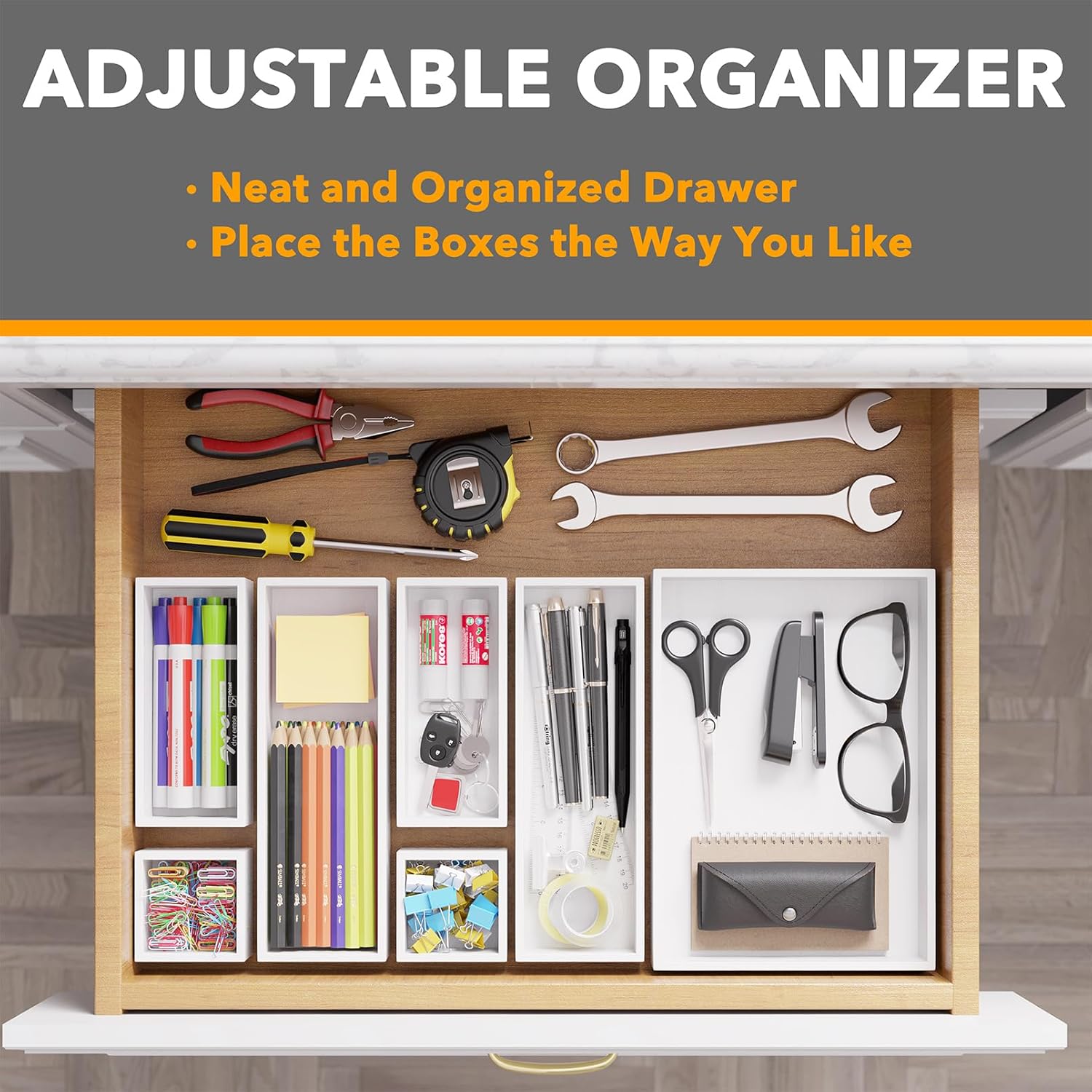 SpaceAid 7-Piece Bamboo Drawer Organizer Storage Boxes Set, Wood Tray Junk Drawer Organizers
