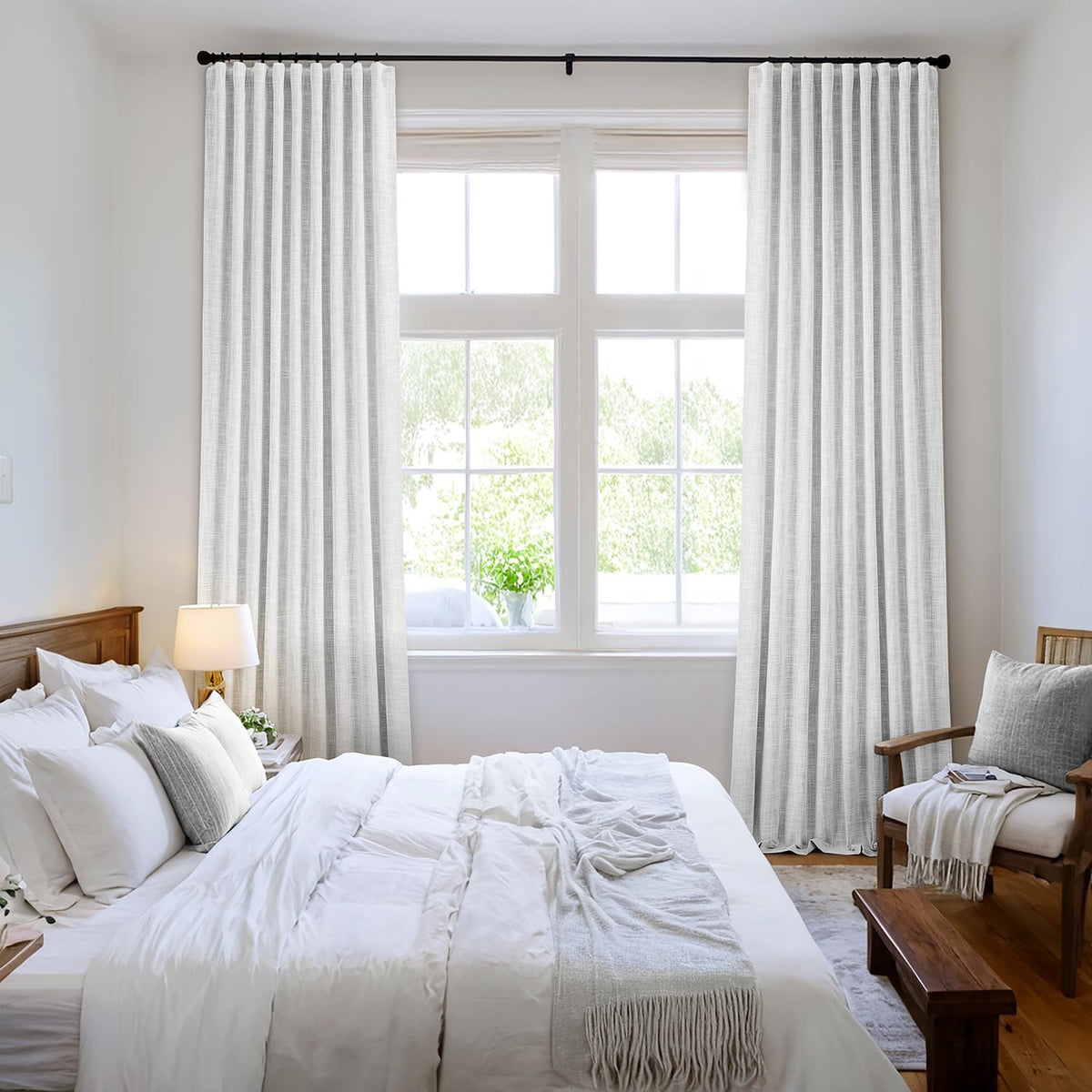 MIULEE Greyish White 100% Blackout Linen Curtains 102 Inch 2 Panels Set Double Sided No Coating