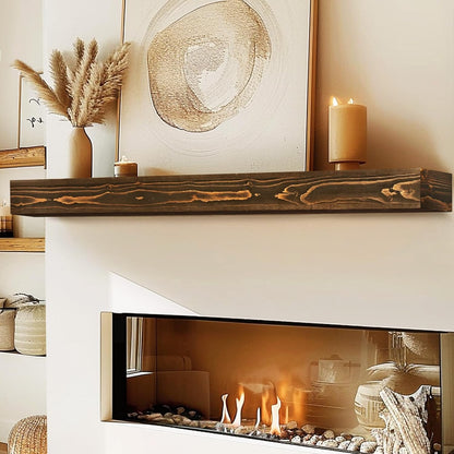 60x8x3 Fireplace Mantel - Handcrafted Hollow Rustic Solid Wood Wall Mounted Floating Shelf with