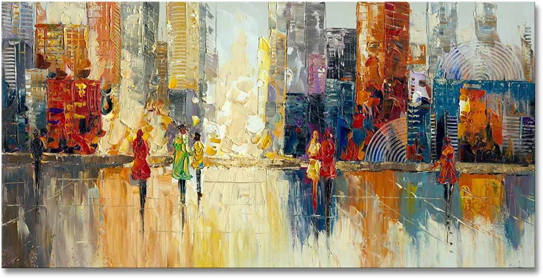 Canvas Wall Art Abstract Cityscape Painting Modern New York City Artwork Lady Romantic Street