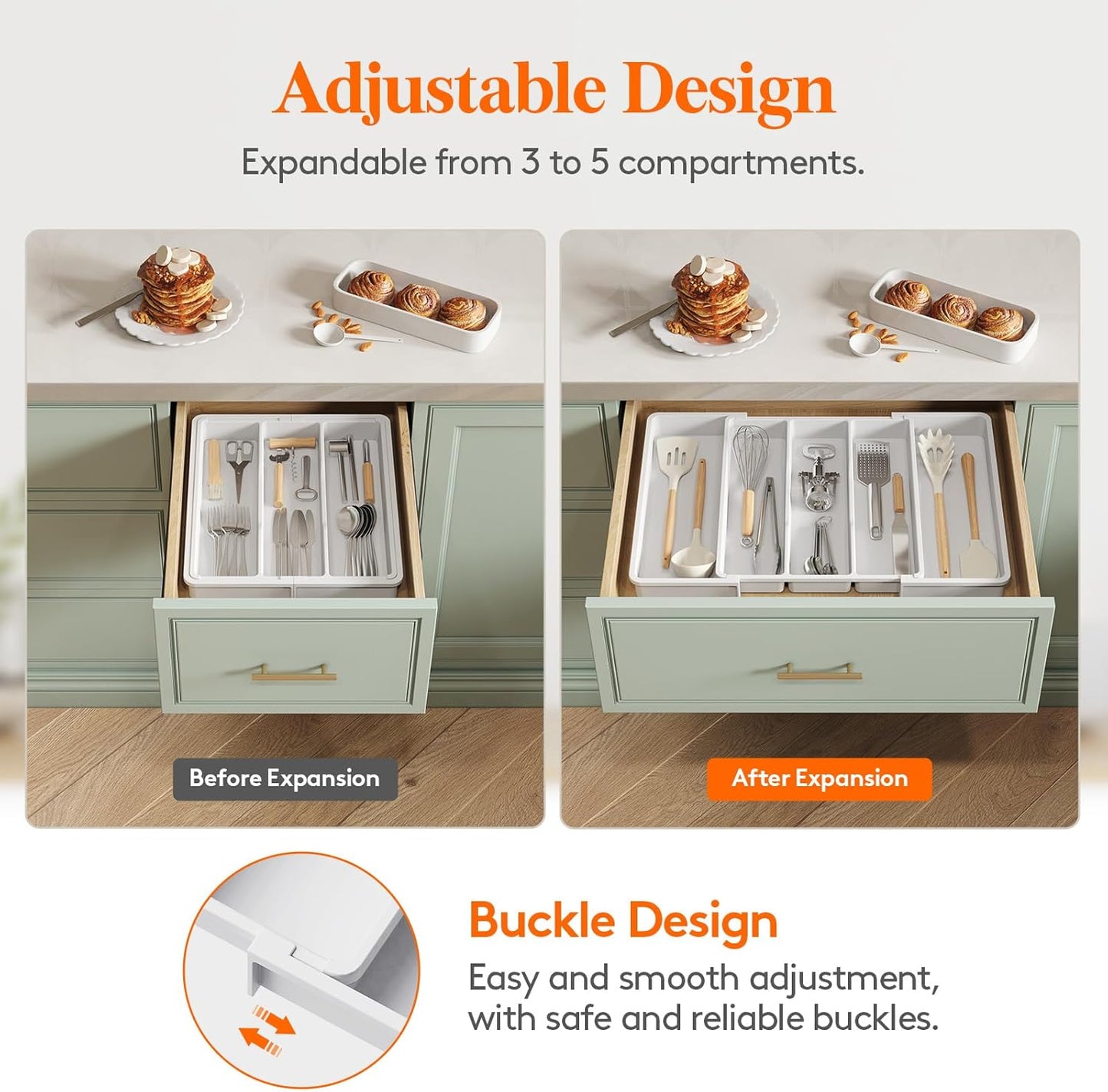 Lifewit Utensil Organizer for Kitchen Drawers, Expandable from 13‘’ to 22.4'', 15'' Depth, Plastic