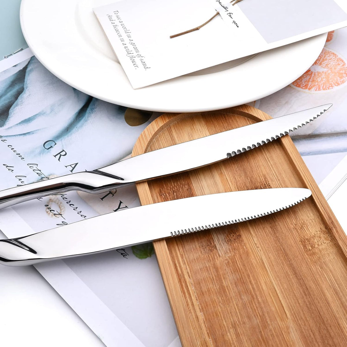 24-Piece Silver Flatware, Mirror 18/10 Stainless Steel Modern & Luxury Dinnerware Set With Serrated