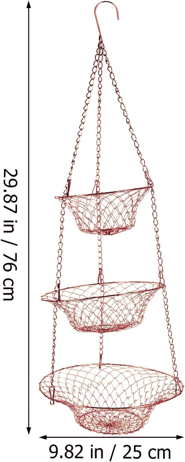 Yardwe 3 Tier Hanging Fruit Baskets Copper Wire Basket Fruit Vegetable Kitchen Storage Organizer