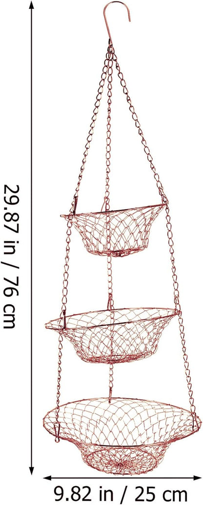 Yardwe 3 Tier Hanging Fruit Baskets Copper Wire Basket Fruit Vegetable Kitchen Storage Organizer