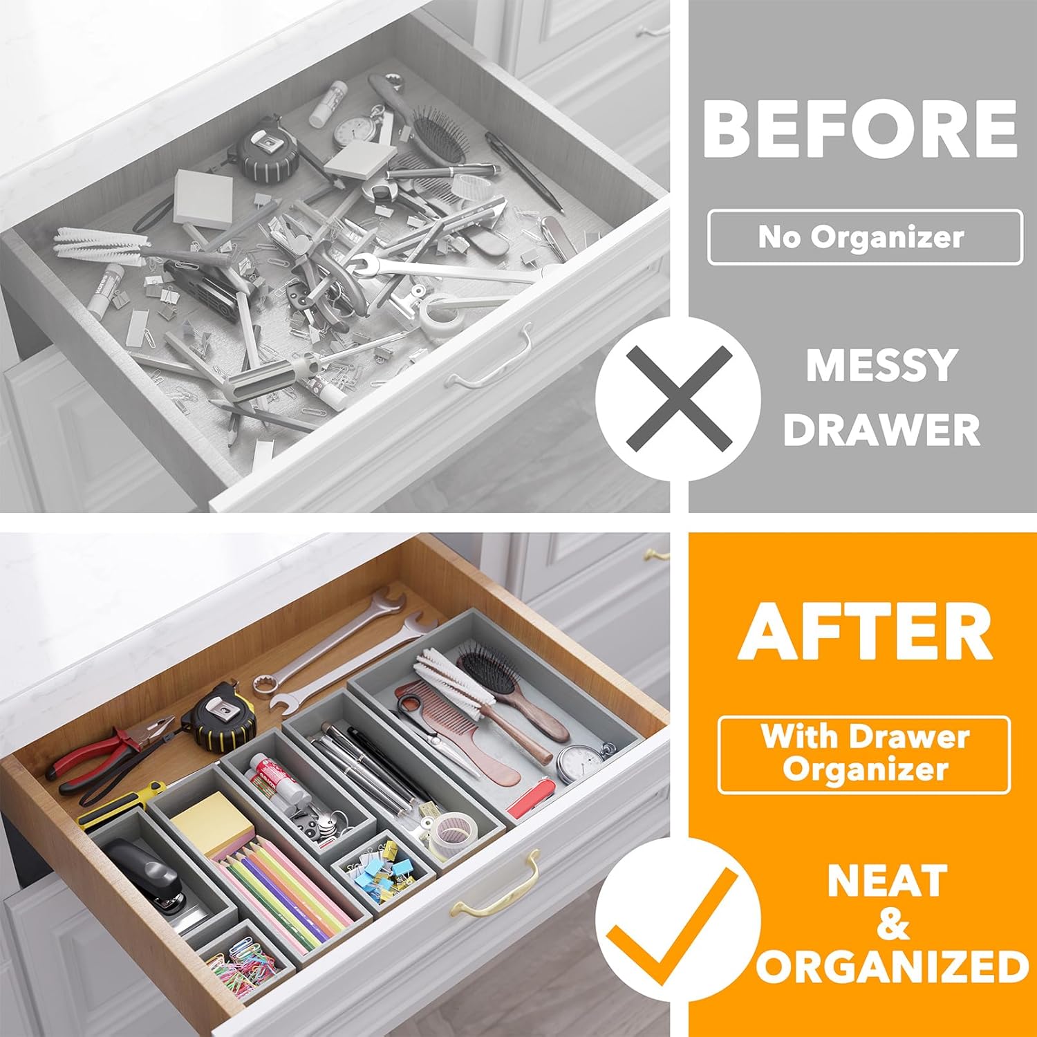 SpaceAid 7-Piece Bamboo Drawer Organizer Storage Boxes Set, Wood Tray Junk Drawer Organizers