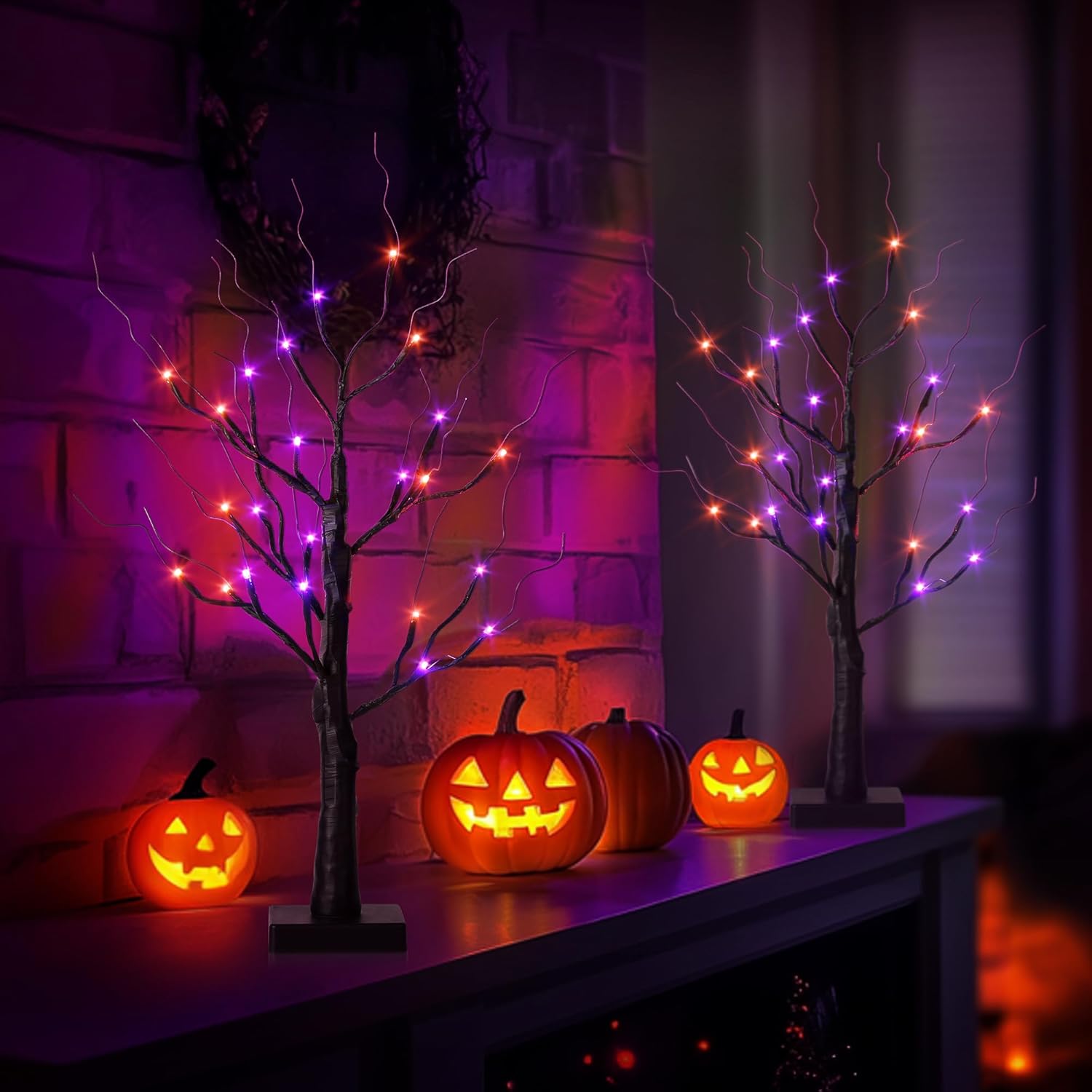 Halloween Decorations Indoor,2 Pack 2FT Birch Tree with 24 Orange and Purple LED Lights,Black