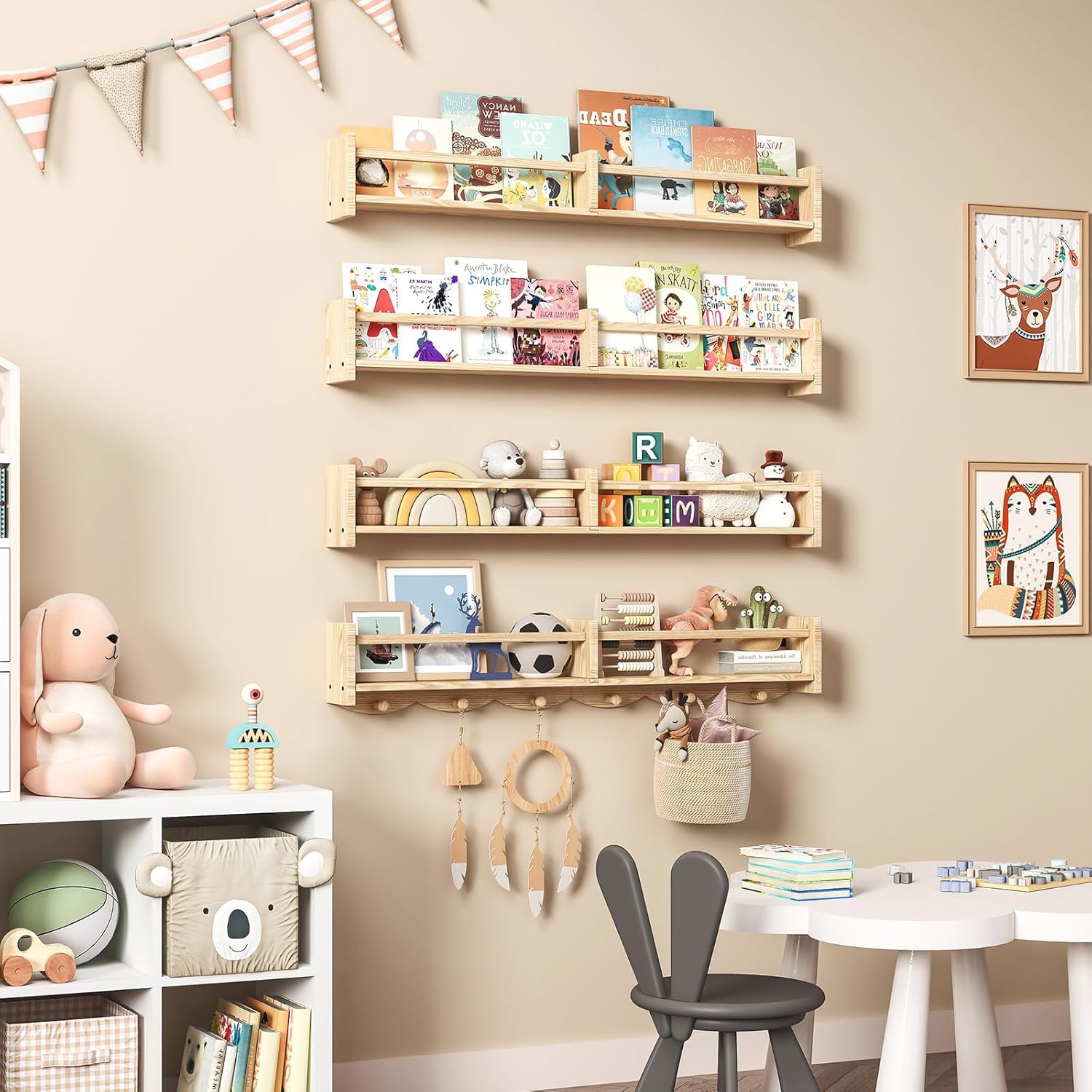 34Inch Nursery Bookshelves,Set of 4,Wall Floating Shelf Kids Coat Rack with 6Hooks,Hanging Book