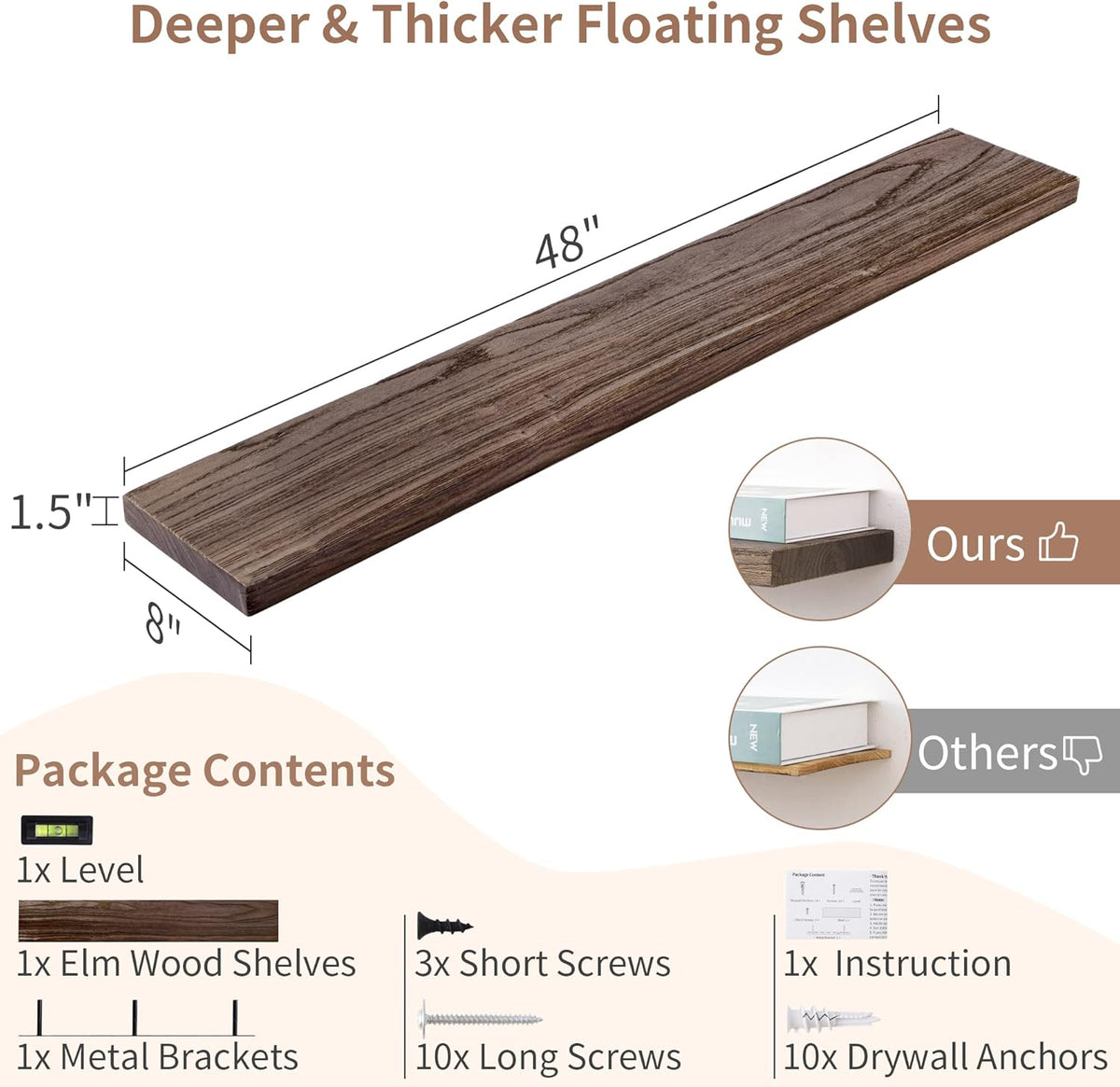 Axeman Floating Shelves for Wall, Rustic Elm Wood 48'' x 8" Deep Wall Shelf with Invisible Bracket