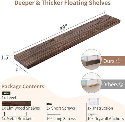 Axeman Floating Shelves for Wall, Rustic Elm Wood 48'' x 8" Deep Wall Shelf with Invisible Bracket