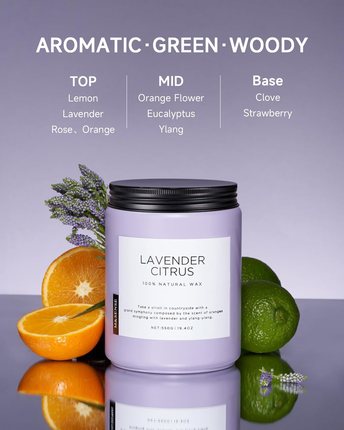 M&SENSE Lavender Citrus Candles, 19.4oz 110H Burn Time Large Natural Soy Candles for Home Scented