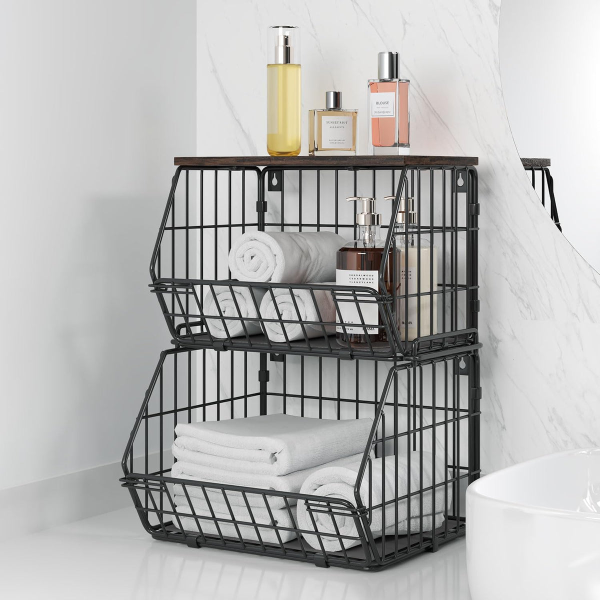 Wetheny 2 Tier Stackable Wall Mounted Wire Basket Fruit Basket with Wood Lid - Kitchen Pantry