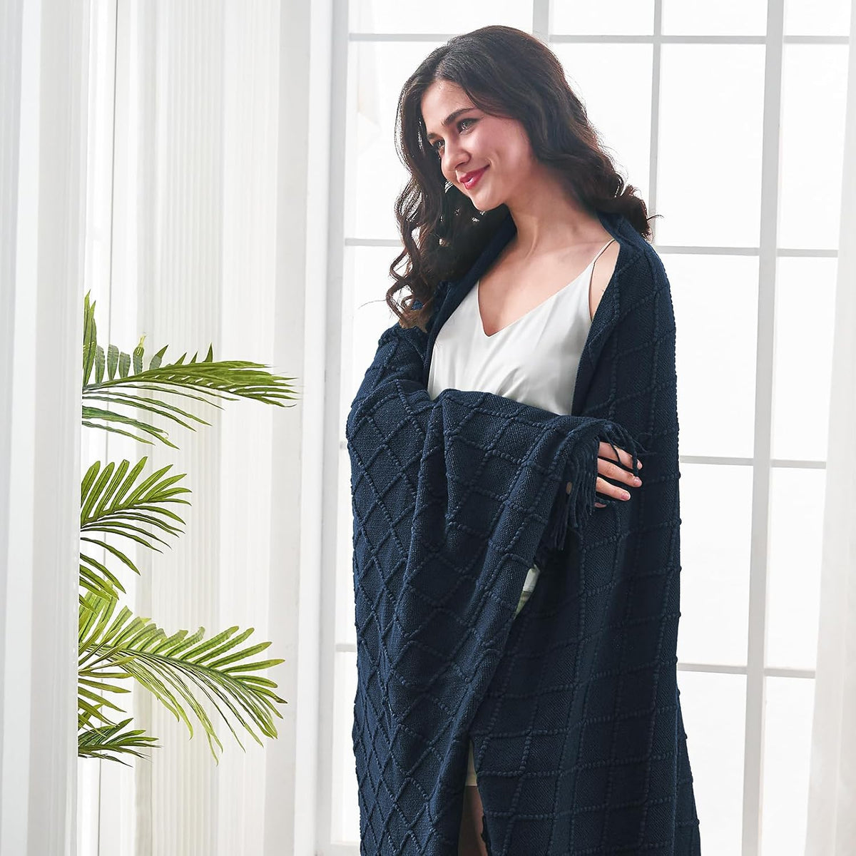 inhand Knitted Throw Blankets for Couch and Bed, Soft Cozy Knit Blanket with Tassel, Dark Blue
