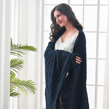 inhand Knitted Throw Blankets for Couch and Bed, Soft Cozy Knit Blanket with Tassel, Dark Blue