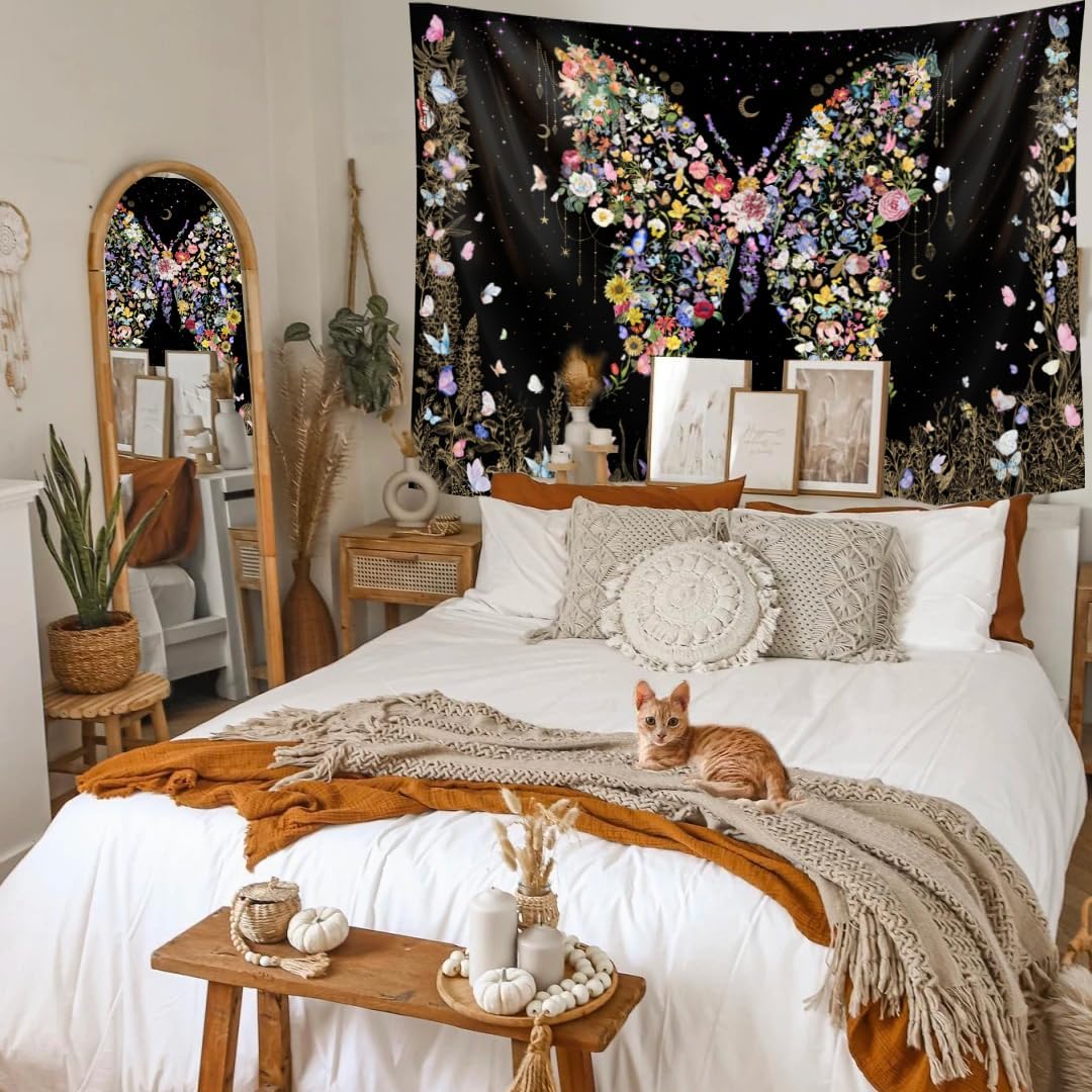Damanse Butterfly Tapestry Wall Hanging Cute,Boho Wall Tapestry for Bedroom Aesthetic,Flower Living