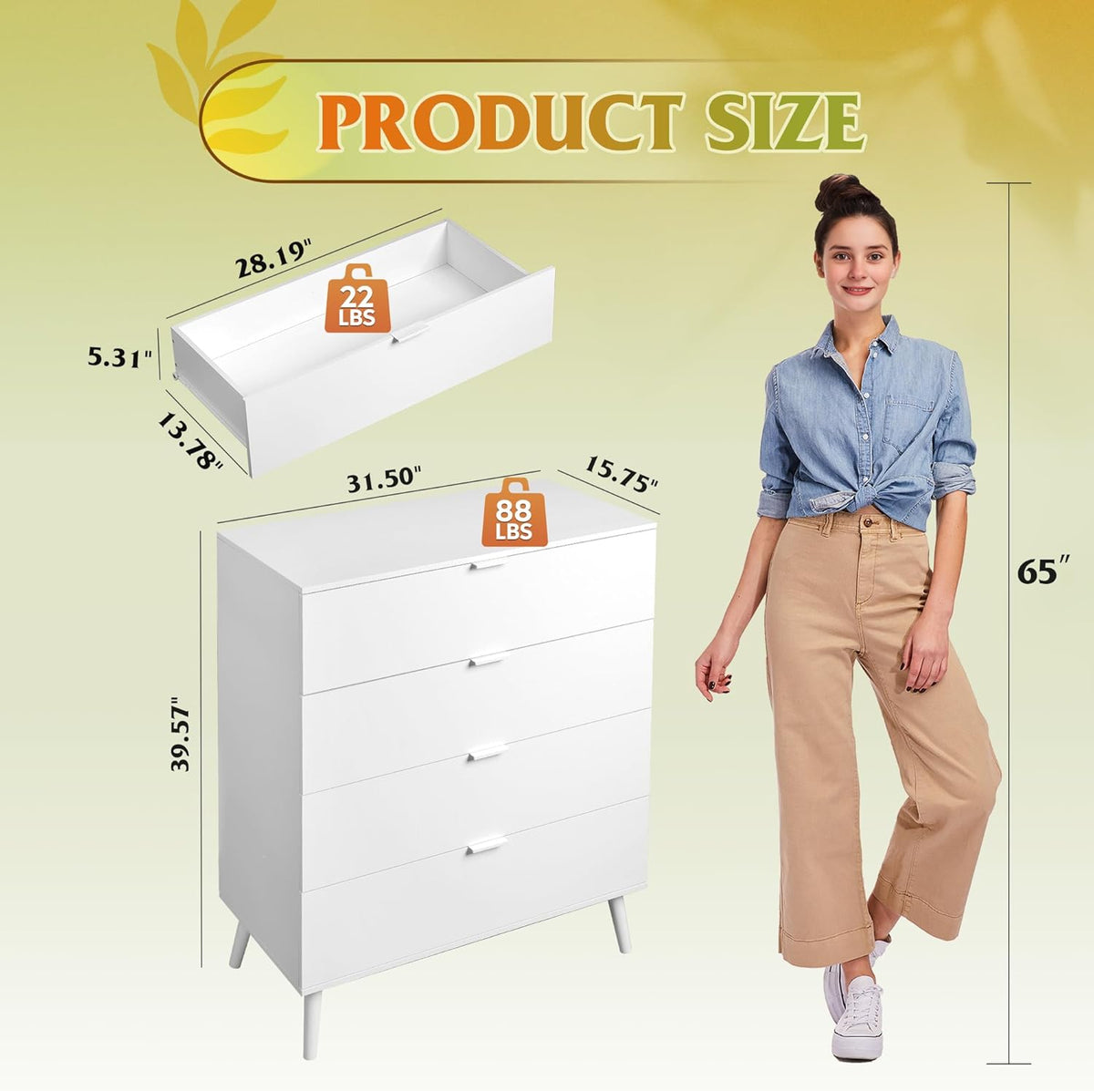 WLIVE 4 Drawer Dresser for Bedroom, Tall Wood Dresser, Modern White Dressers with Sturdy Metal