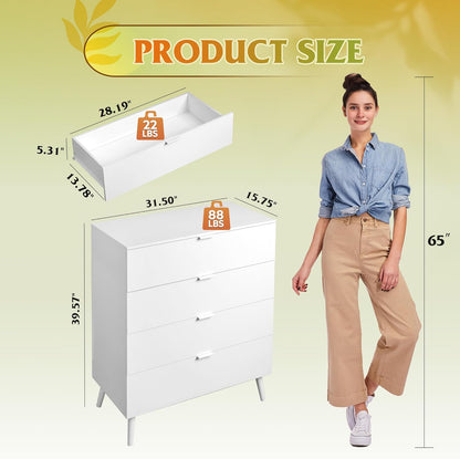 WLIVE 4 Drawer Dresser for Bedroom, Tall Wood Dresser, Modern White Dressers with Sturdy Metal
