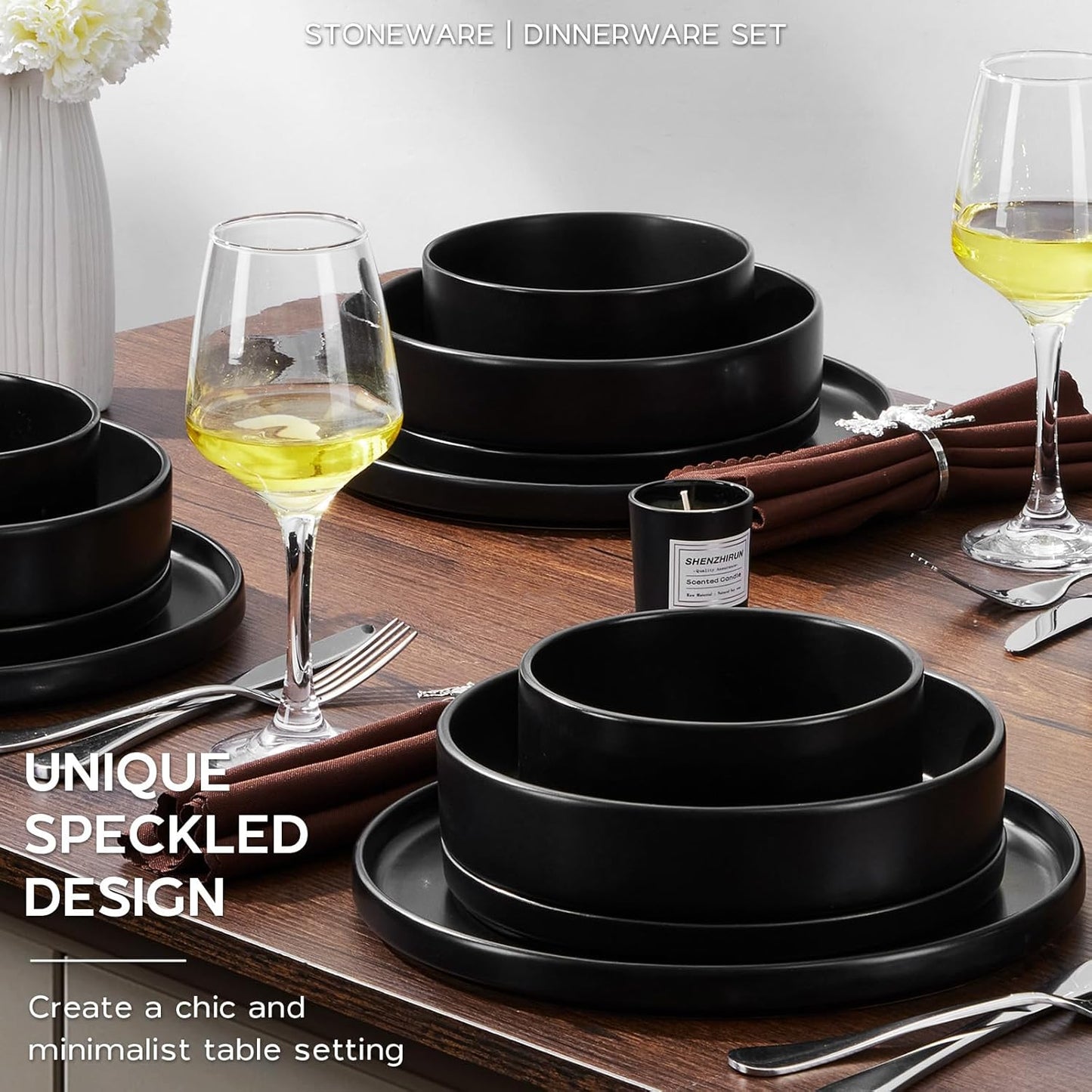 Onader 16 Piece Dinnerware Sets with Serving Bowls for 4, Stoneware Plates and Bowls Dish Sets