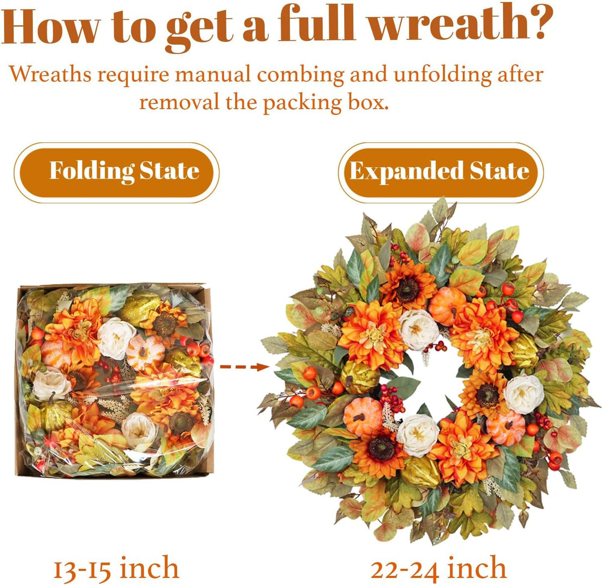 Fall Wreath for Front Door, 24 Inch Autumn Wreath with Pumpkins, Peony, Sunflowers & Dahlias, Fall