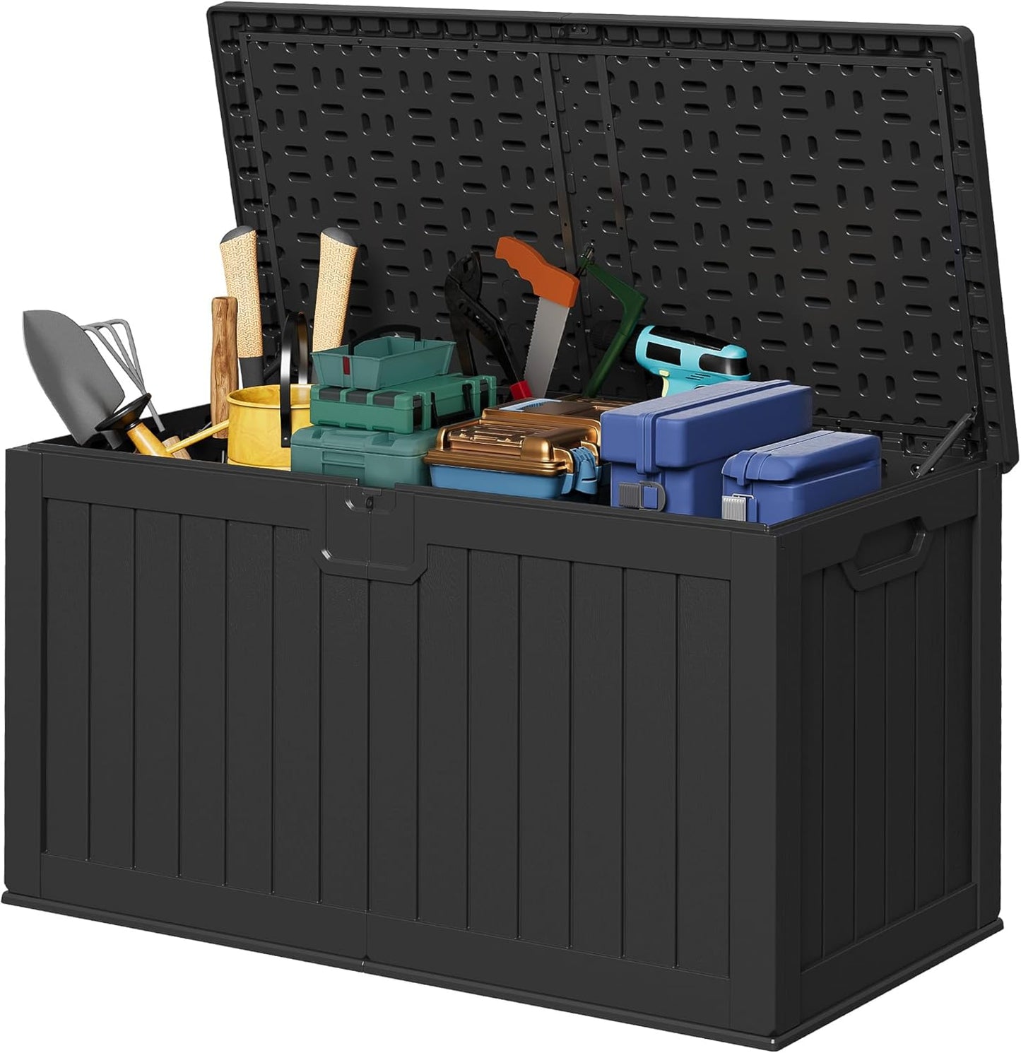 Devoko 240 Gallon Double-Wall Deck Box with Divider, Side Handles, Resin Outdoor Large Storage Box
