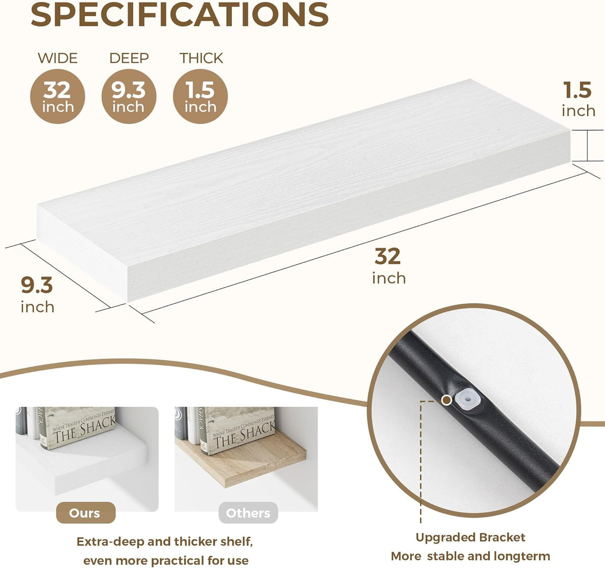 Dreamland 32 Inches Floating Shelves for Wall, 9.3" Deep Long Floating Shelves Set of 2, Large