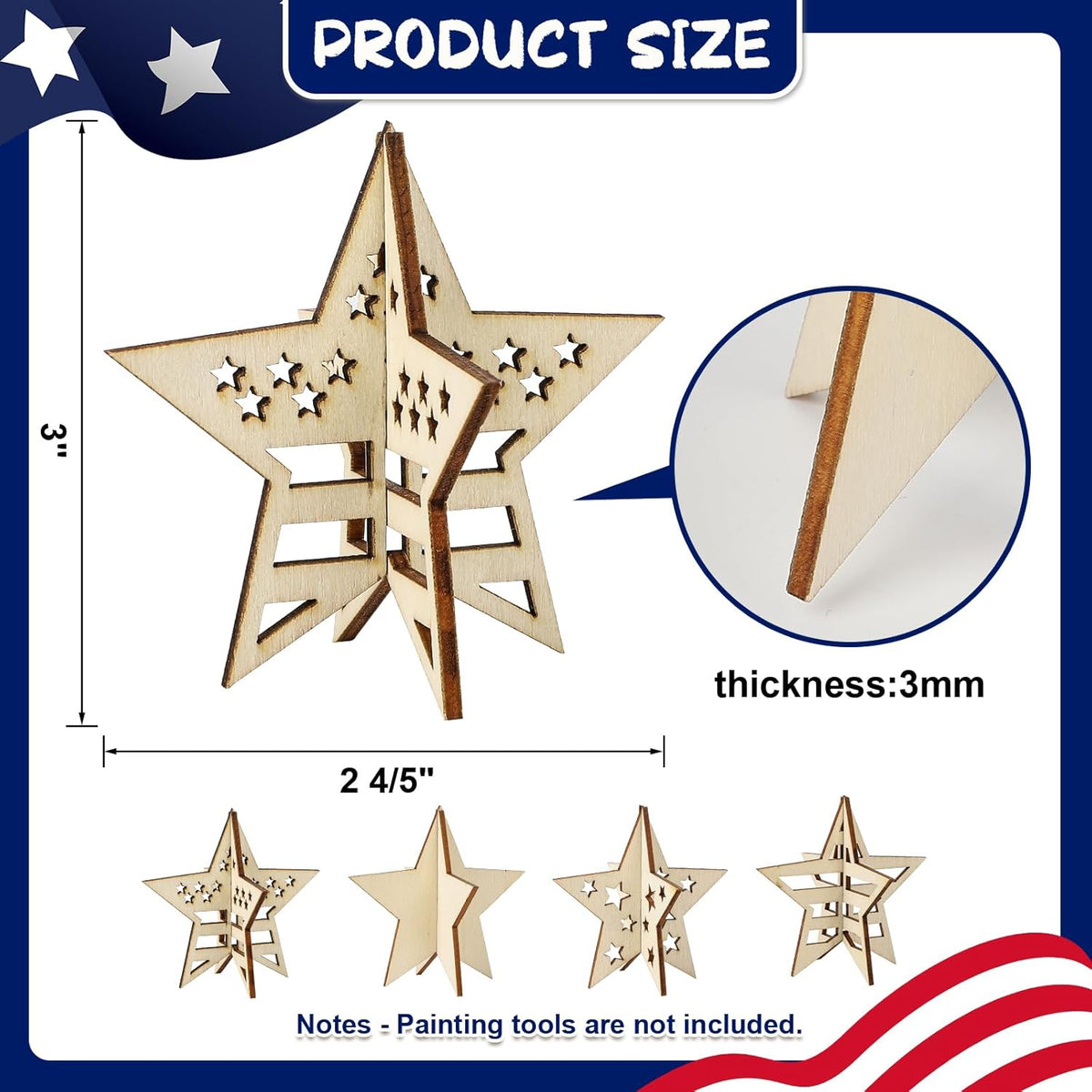 COCHIE DIY 3D 4th of July Stars Wood Crafts to Paint for Kids Adults, Paintable Unfinished Wooden
