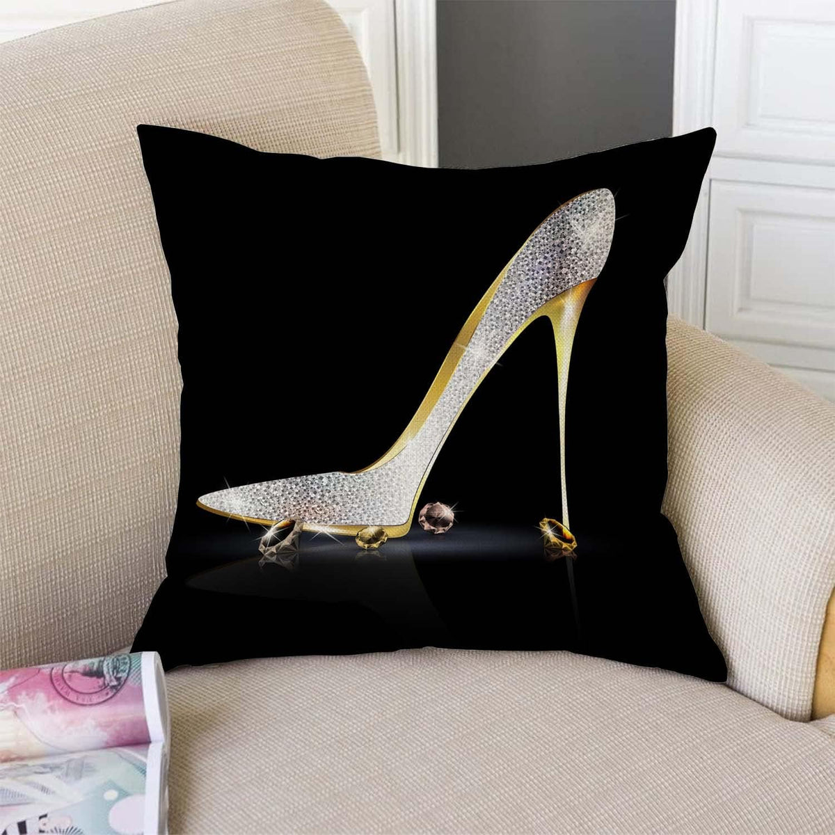 TSSOHU Square Decorative Throw Pillow Case Cushion Cover,Fashion Lady High Heel Shoe with Diamonds