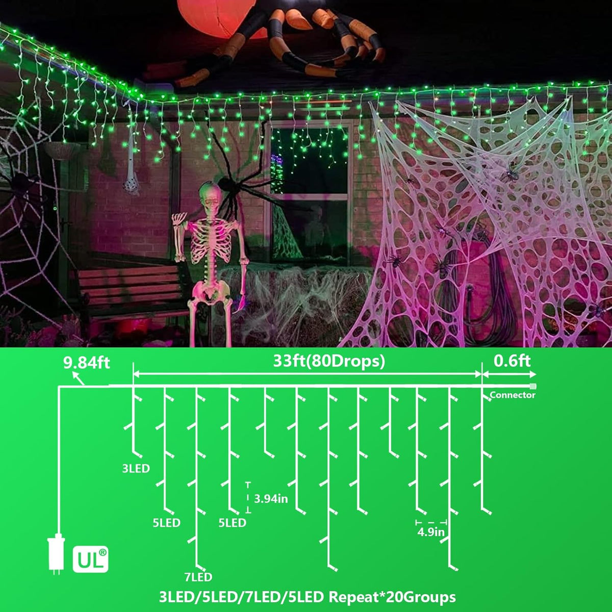 YEGUO 33ft 400 LED Green Icicle Halloween Lights Outdoor Waterproof, 80 Drops Icicle Light