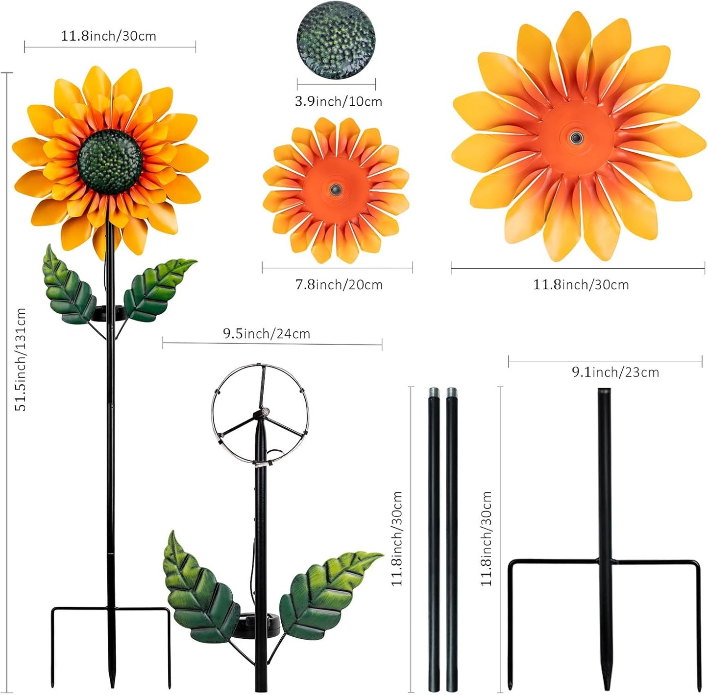 Sunflower Solar Wind Spinner, 52" Metal Wind Spinner with Kinetic Wind Sculpture Windmills for