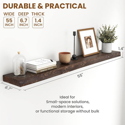 55" Floating Shelves, Live Edge Elm Wood Floating Shelf for Wall, Wall-Mounted Display Shelves with