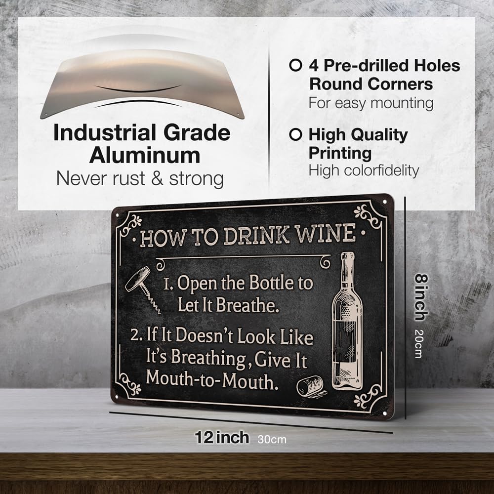 Heuhuww Funny Wine Bar Metal Sign-How To Drink Wine Wall Decor for Farmhouse Bar Station Wine
