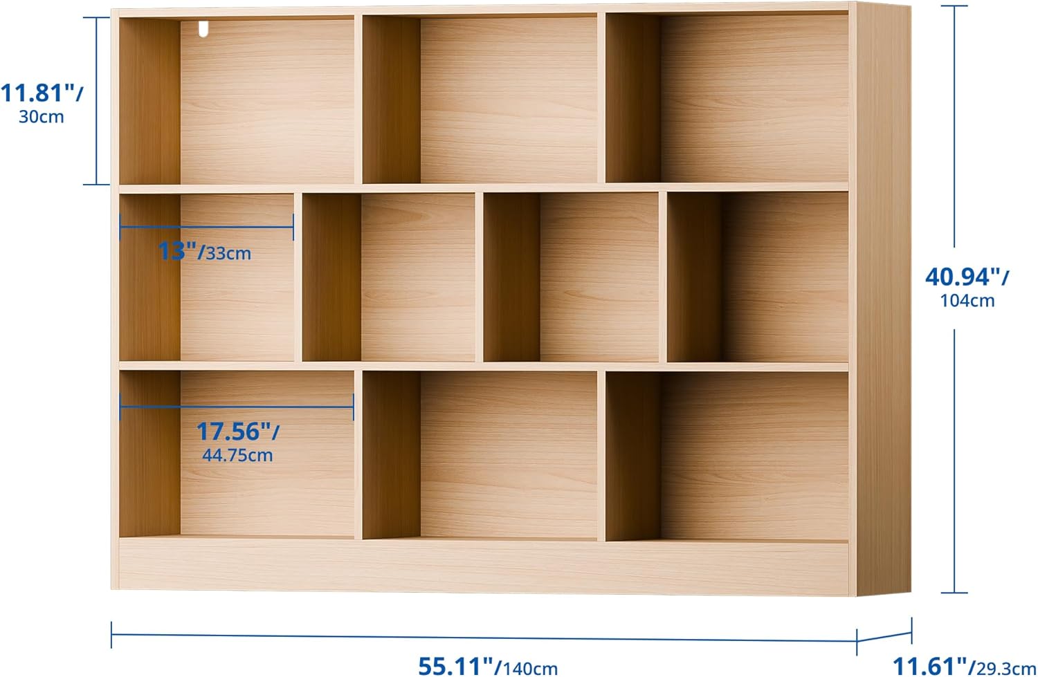 Cozy Castle Oak Bookshelf, 3-Tier Open Shelf Bookcase, 10 Cube Storage Organizer with Anti-Tilt