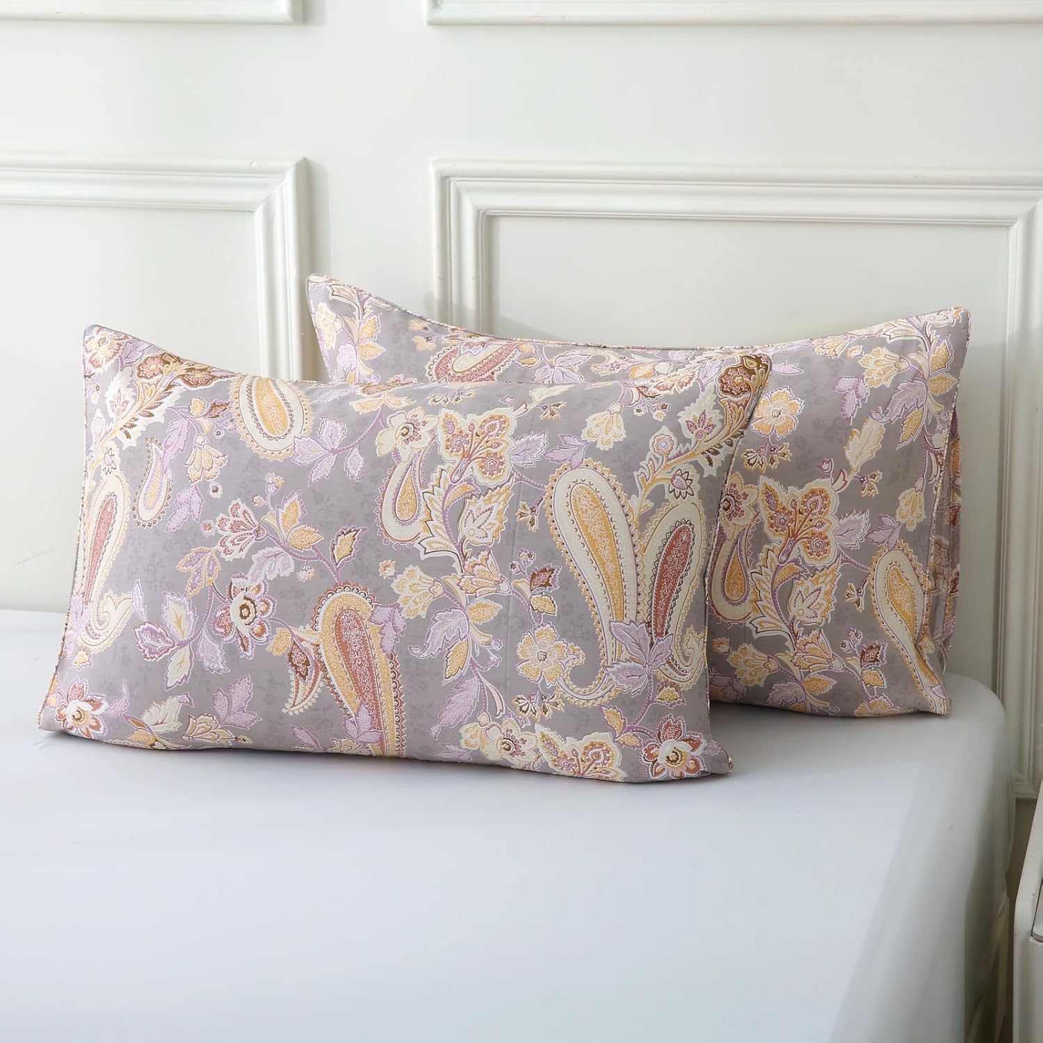 ABREEZE Paisley Bedding Sets 3Pcs Brushed Cotton Duvet Cover Set King Size Rustic Damask Gold