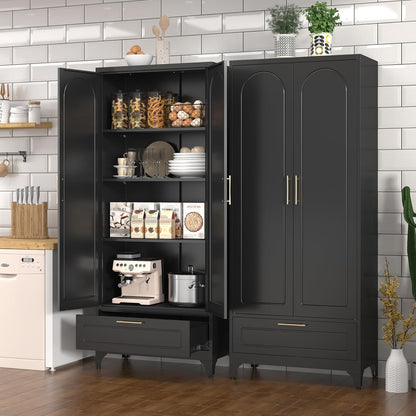 Black Pantry Kitchen Cabinet with Drawer, 75 Inch Metal Storage Cabinet with Doors and Shelves