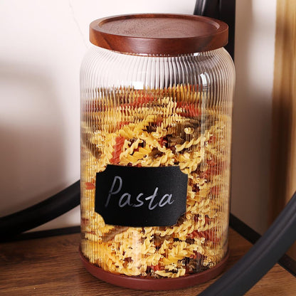 SAIOOL 2-Pack Striped Borosilicate Glass Airtight Canisters - Big mouth Large Capacity, Acacia Wood