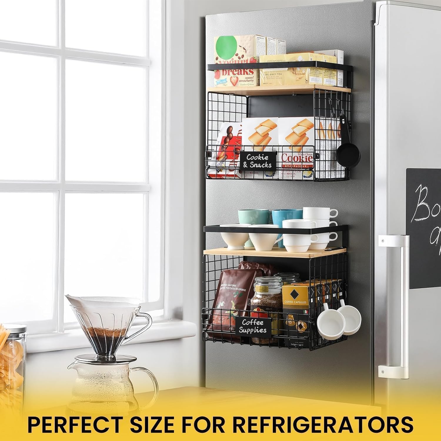[WIDER Shelf]1 SET Strong Magnetic Shelf Basket for Fridge with Tag & Bamboo Top, XXL Large