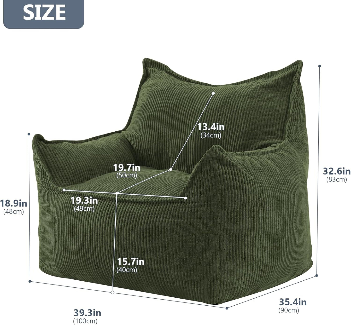 Giant Bean Bag Chair Sofa for Adults Teens, Comfy Corduroy Large Bean Bag Chairs with Armrests for