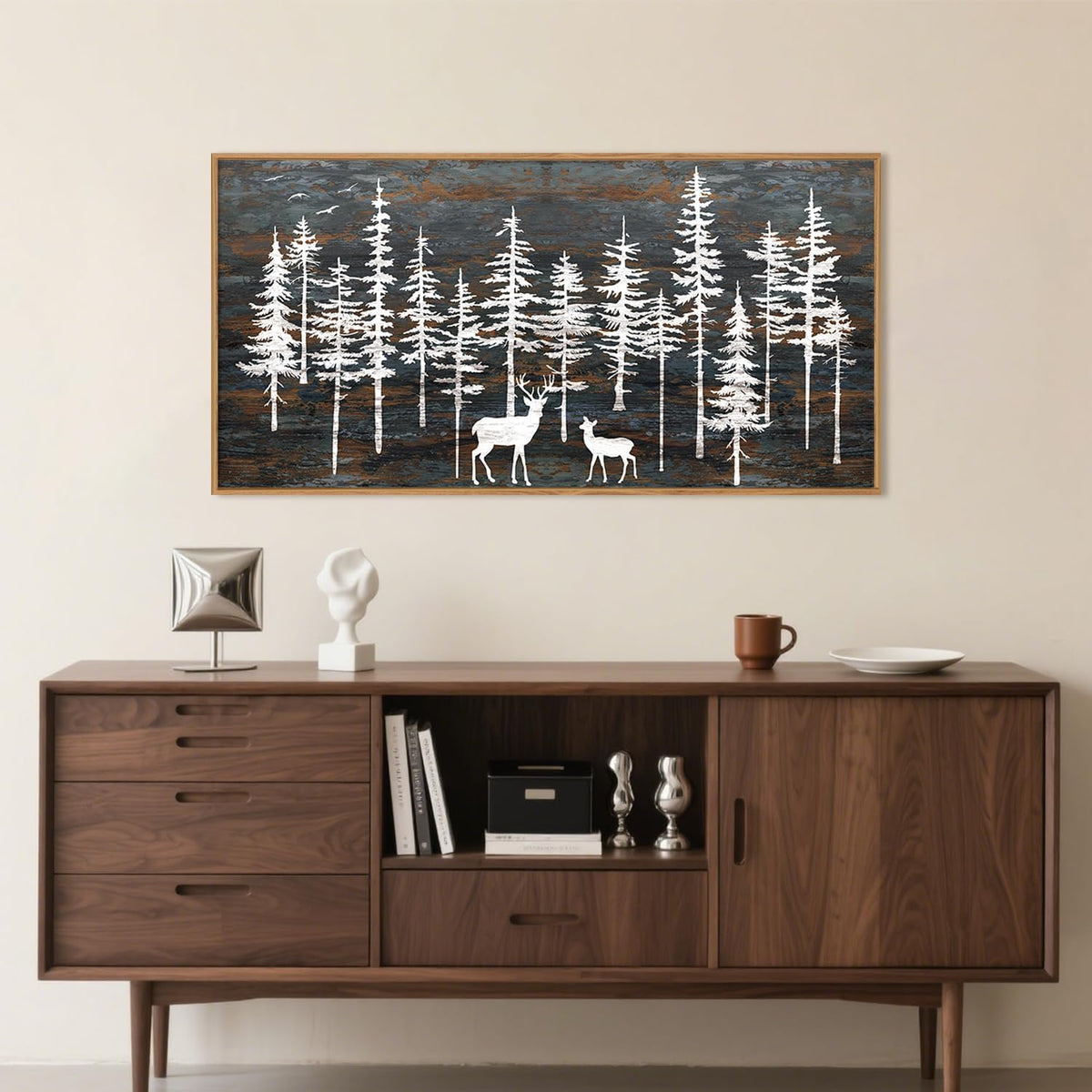 Modern White Forest Framed Canvas Wall Art Set, Minimalist Woodland Art Painting, Retro Tree