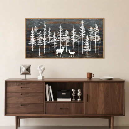 Modern White Forest Framed Canvas Wall Art Set, Minimalist Woodland Art Painting, Retro Tree