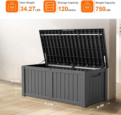 120 Gallon Resin Deck Box, Lockable Patio Outdoor Storage Box for Furniture, Garden Tools and Tools