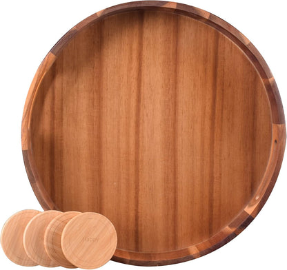 Large Round Wood Serving Tray, Wooden Trays with Handles for Ottoman Table, Vintage Acacia Tray