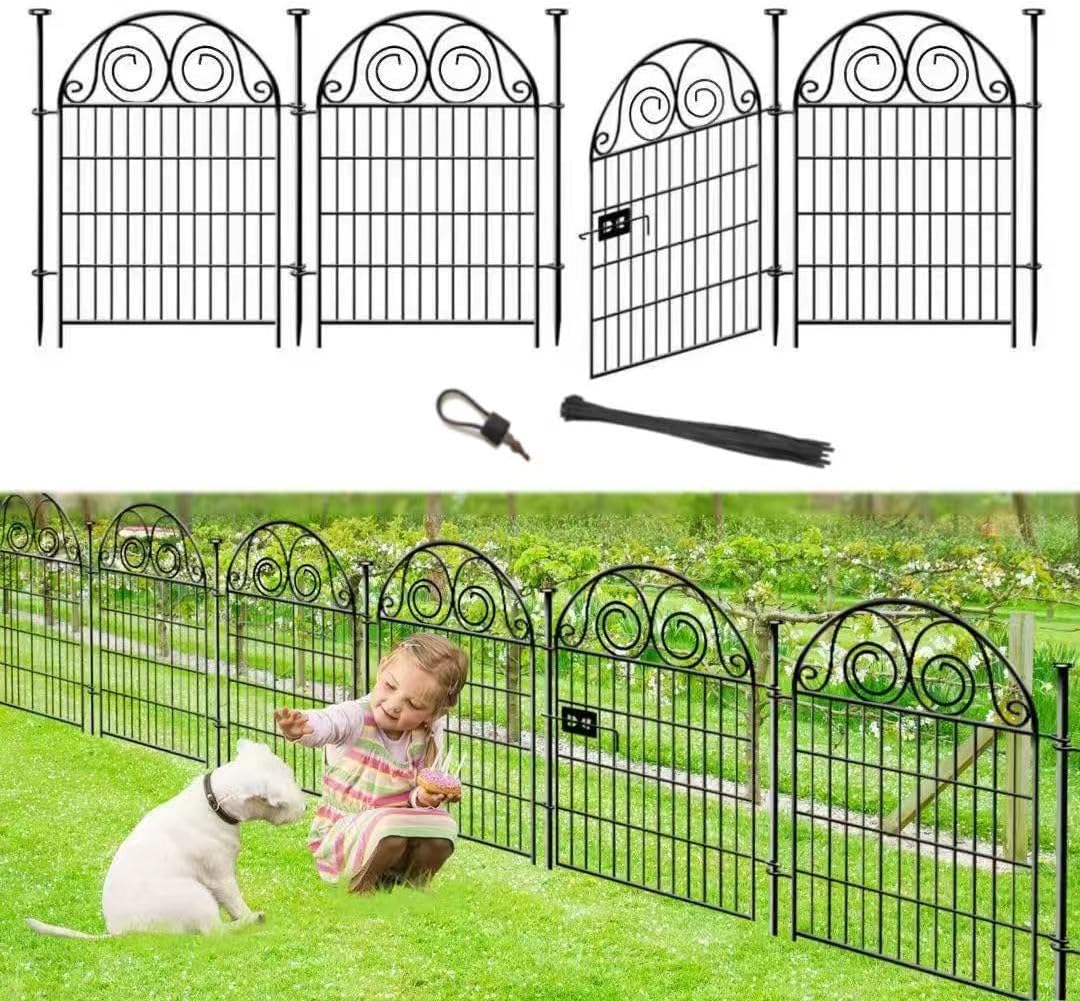 Dog Fence Outdoor for Yard, 32 in(H)×8.8 Ft(L) 4 Panels Garden Fences with Gate, Black Metal No Dig