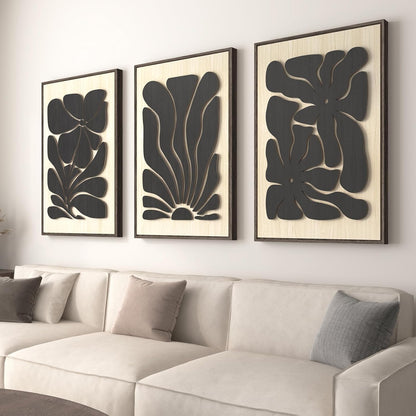 Framed Textured Wood 3D Wall Art for Living Room, Large Boho Floral Black and Beige Artwork for