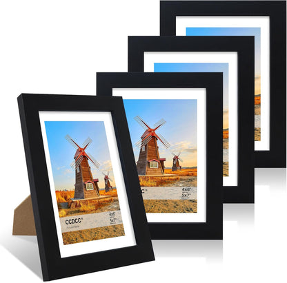 5x7 Picture Frame Set of 4, 5 x 7 Wood Photo Frames with Mat for 4x6, Wooden Frame with Real Glass