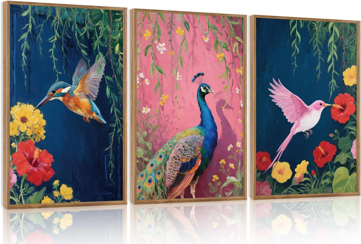 Aurlan Colorful Birds Flowers Framed Wall Art(16"x24"), 3PCS Large Classic Elegance Hummingbird