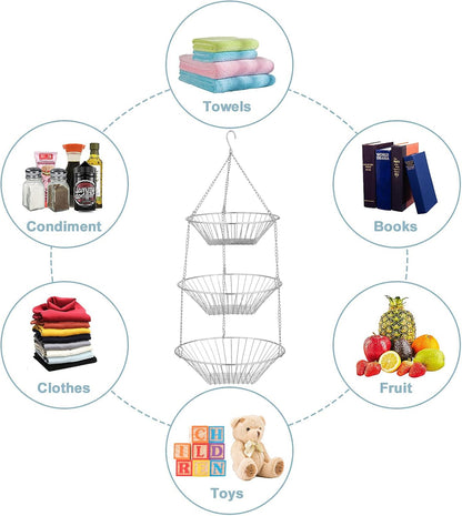 3-Tier Wire Fruit Hanging Basket 2 Packs, non-Punching Wall Hanging Storage, Kitchen Bathroom
