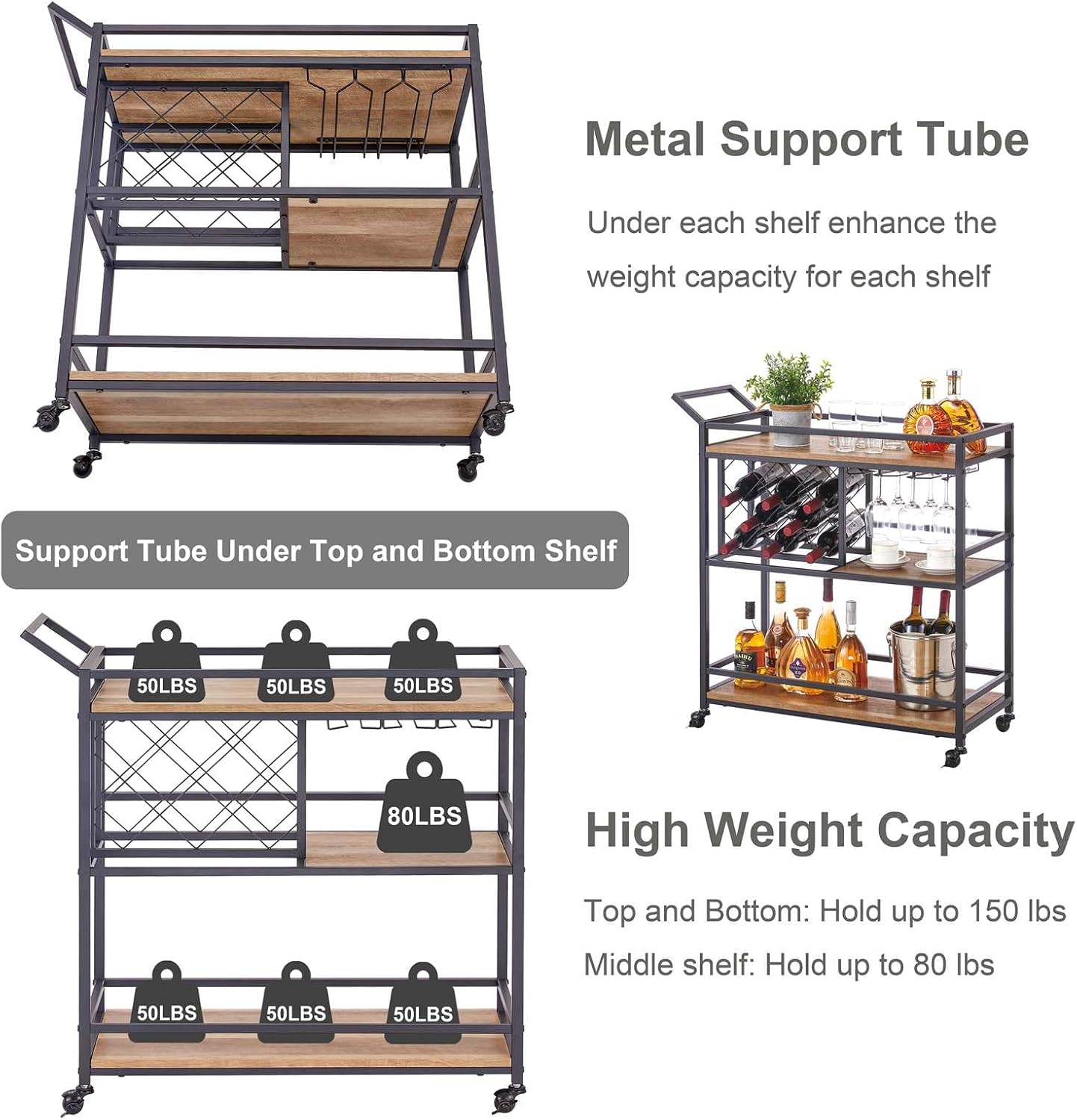 FATORRI Bar Cart for The Home, Rolling Wine Carts on Wheels with 3 Tier Wood Shelves, Liquor