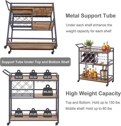 FATORRI Bar Cart for The Home, Rolling Wine Carts on Wheels with 3 Tier Wood Shelves, Liquor