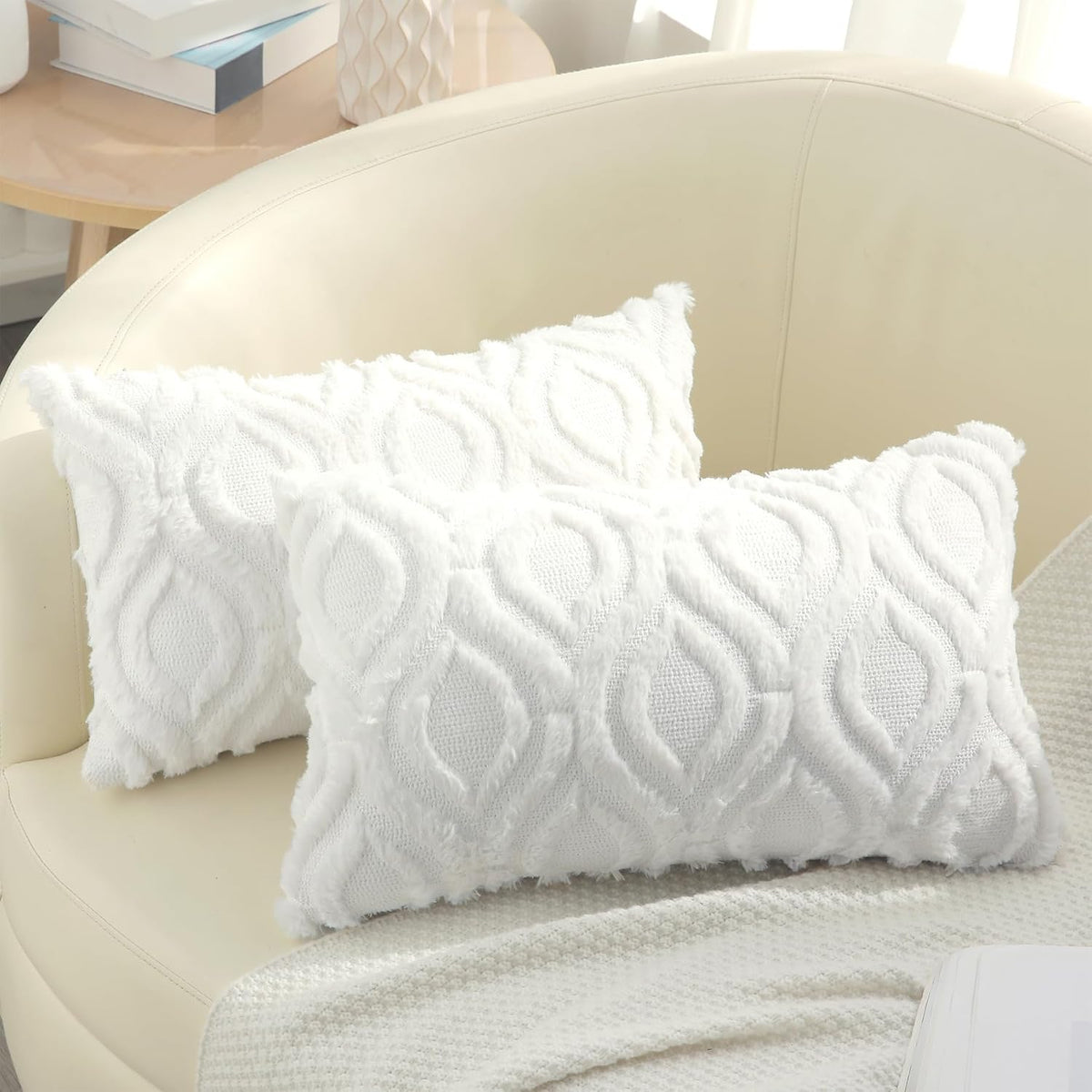 decorUhome Fall Throw Pillow Covers 12x20 Inch Set of 2, Soft Plush Decorative Faux Fur White Solid